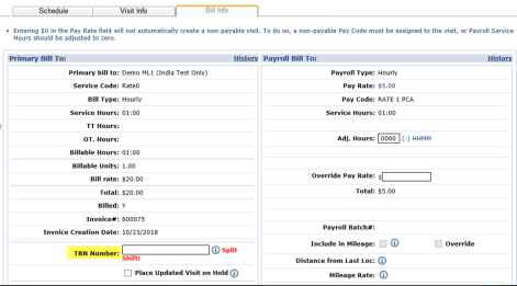 Bill Info Tab TRN Number Field